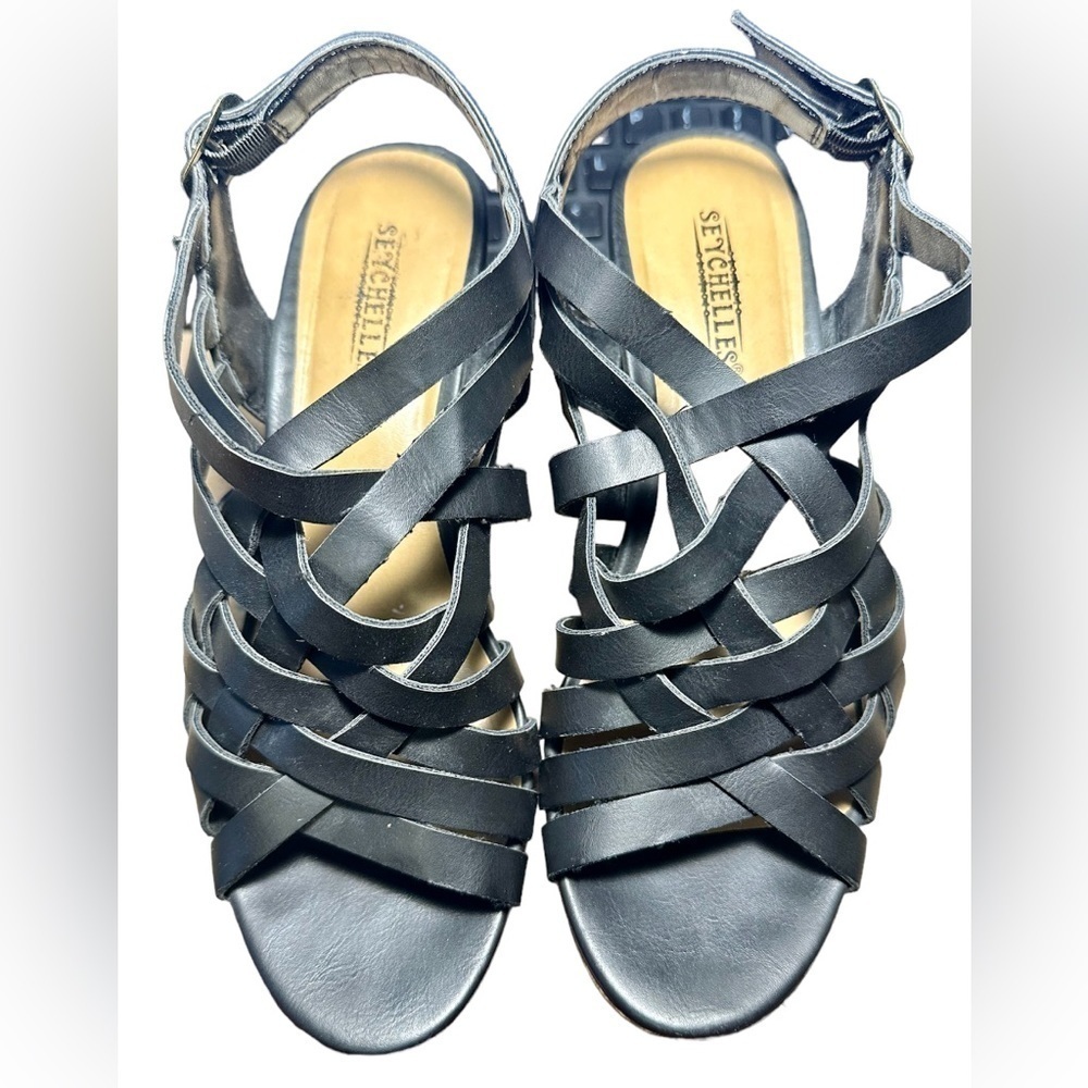 Seychelles Woven Vegan Leather Black Wedges Slingback 7.5M​​​​ - Picture 6 of 8